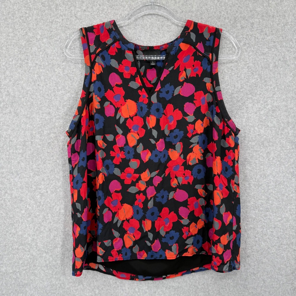 Greylin Silk Floral Tank Top Women Large Black Red V-Neck Sleeveless Blouse‎